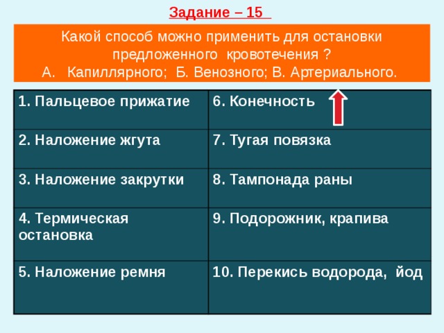 Задание – 15 Какой способ можно применить для остановки предложенного кровотечения ? Капиллярного; Б. Венозного; В. Артериального. 1. Пальцевое прижатие 6. Конечность 2. Наложение жгута 7. Тугая повязка 3. Наложение закрутки 8. Тампонада раны 4. Термическая остановка 9. Подорожник, крапива 5. Наложение ремня 10. Перекись водорода, йод 