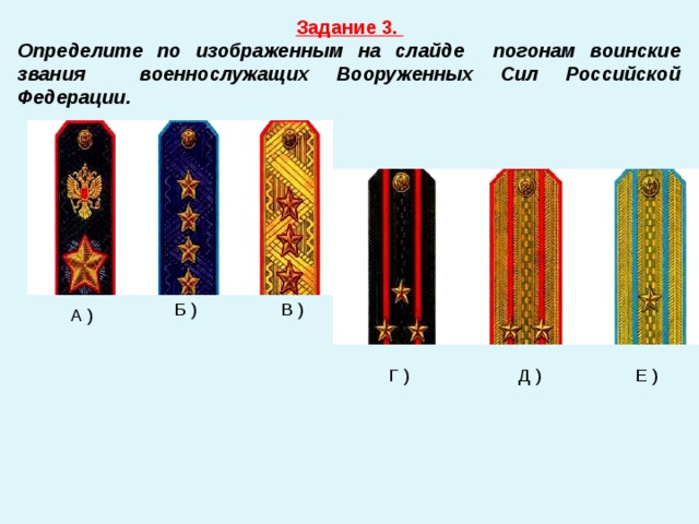 Задание 3. Определите по изображенным на слайде погонам воинские звания военнослужащих Вооруженных Сил Российской Федерации. Б ) В ) А ) Г ) Д ) Е ) 