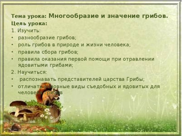 Тема урока: Многообразие и значение грибов. Цель урока: 1. Изучить: разнообразие грибов; роль грибов в природе и жизни человека; правила сбора грибов; правила оказания первой помощи при отравлении ядовитыми грибами; 2. Научиться:  распознавать представителей царства Грибы; отличать основные виды съедобных и ядовитых для человека грибов 