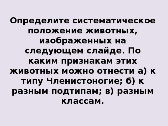 Определите систематическое положение животных, изображенных на следующем слайде. По каким признакам этих животных можно отнести а) к типу Членистоногие; б) к разным подтипам; в) разным классам. 