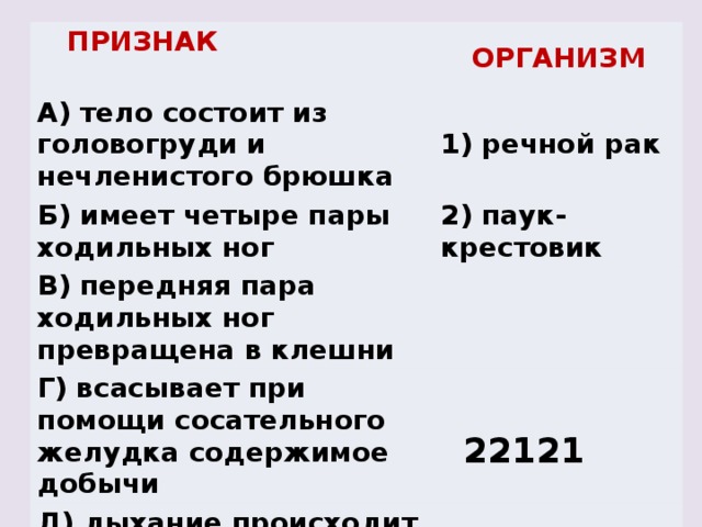     ПРИЗНАК                         ОРГАНИЗМ A) тело состоит из головогруди и нечленистого брюшка 1) речной рак Б) имеет четыре пары ходильных ног 2) паук-крестовик В) передняя пара ходильных ног превращена в клешни Г) всасывает при помощи сосательного желудка содержимое добычи Д) дыхание происходит при помощи жабр    22121 