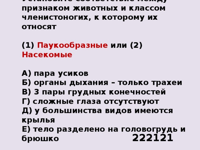 Установите соответствие между признаком животных и классом членистоногих, к которому их относят  (1) Паукообразные или (2) Насекомые  А) пара усиков Б) органы дыхания – только трахеи В) 3 пары грудных конечностей Г) сложные глаза отсутствуют Д) у большинства видов имеются крылья Е) тело разделено на головогрудь и брюшко 222121 