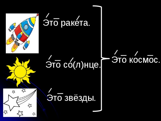 Это ракета. Это космос. Это со(л)нце. Это звёзды. 