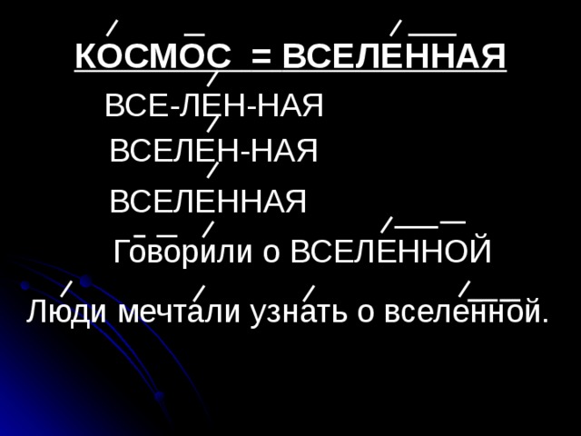 КОСМОС  =  ВСЕЛЕННАЯ ВСЕ-ЛЕН-НАЯ ВСЕЛЕН-НАЯ ВСЕЛЕННАЯ Говорили о ВСЕЛЕННОЙ Люди мечтали узнать о вселенной. 