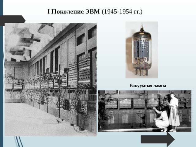 I Поколение ЭВМ  (1945-1954 гг.) Вакуумная лампа  