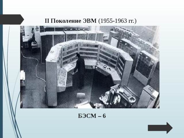 II Поколение ЭВМ  (1955-1963 гг.) БЭСМ – 6 