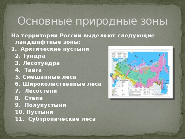 Основные природные зоны На территории России выделяют следующие ландшафтные зоны: 1. Арктические пустыни  2. Тундра  3. Лесотундра  4. Тайга  5. Смешанные леса  6. Широколиственные леса  7. Лесостепи  8. Степи  9. Полупустыни  10. Пустыни  11. Субтропические леса  