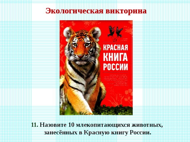 Экологическая викторина 11. Назовите 10 млекопитающихся животных, занесённых в Красную книгу России.  