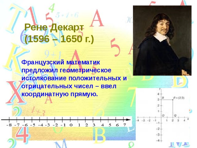 Рене Декарт (1596 – 1650 г.) Французский математик предложил геометрическое истолкование положительных и отрицательных чисел – ввел координатную прямую. 