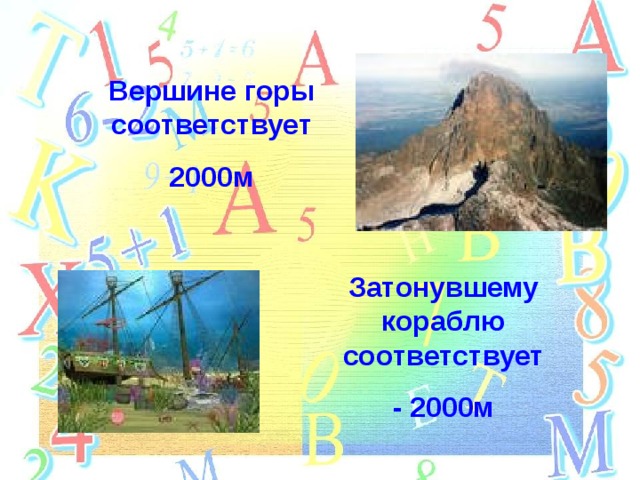 Вершине горы соответствует 2000м Затонувшему кораблю соответствует - 2000м 