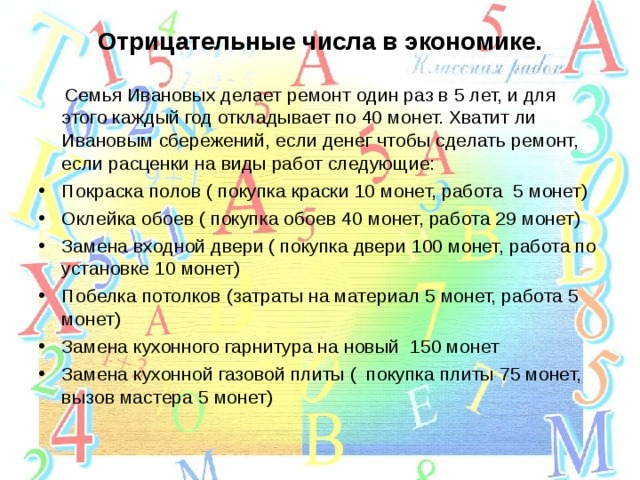 Отрицательные числа в экономике.    Семья Ивановых делает ремонт один раз в 5 лет, и для этого каждый год откладывает по 40 монет. Хватит ли Ивановым сбережений, если денег чтобы сделать ремонт, если расценки на виды работ следующие: Покраска полов ( покупка краски 10 монет, работа 5 монет) Оклейка обоев ( покупка обоев 40 монет, работа 29 монет) Замена входной двери ( покупка двери 100 монет, работа по установке 10 монет) Побелка потолков (затраты на материал 5 монет, работа 5 монет) Замена кухонного гарнитура на новый 150 монет Замена кухонной газовой плиты ( покупка плиты 75 монет, вызов мастера 5 монет)  