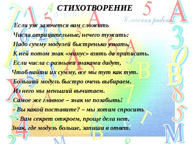 СТИХОТВОРЕНИЕ   Если уж захочется вам сложить  Числа отрицательные, нечего тужить:  Надо сумму модулей быстренько узнать,  К ней потом знак «минус» взять да приписать.  Если числа с разными знаками дадут, Чтоб найти их сумму, все мы тут как тут.  Больший модуль быстро очень выбираем.  Из него мы меньший вычитаем.  Самое же главное – знак не позабыть!  - Вы какой поставите? – мы хотим спросить  - Вам секрет откроем, проще дела нет, Знак, где модуль больше, запиши в ответ.  