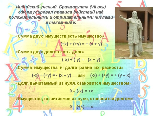 Индийский ученый Брахмагупта (VII век) сформулировал правила действий над положительными и отрицательными числами в таком виде: «Сумма двух имуществ есть имущество» (+х) + (+у) = + (х + у) «Сумма двух долгов есть долг» (-х) + (-у) = - (х + у) «Сумма имущества и долга равна их разности» (-х) + (+у) = - (х – у)  или  (-х) + (+у) = + (у – х) «Долг, вычитаемый из нуля, становится имуществом» 0 – (-х) = +х «Имущество, вычитаемое из нуля, становится долгом» 0 – (+х) = -х  