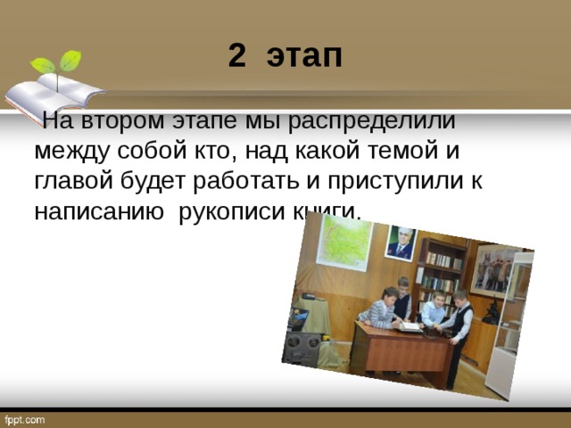 2 этап  На втором этапе мы распределили между собой кто, над какой темой и главой будет работать и приступили к написанию рукописи книги. 