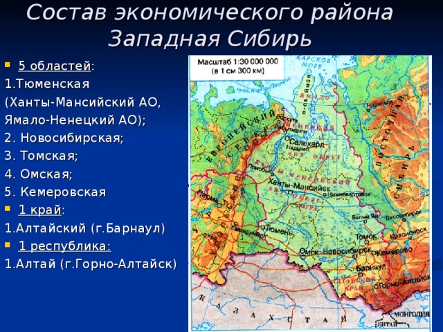 Состав экономического района Западная Сибирь 5 областей : 1.Тюменская (Ханты-Мансийский АО, Ямало-Ненецкий АО); 2. Новосибирская; 3. Томская; 4. Омская; 5. Кемеровская 1 край : 1.Алтайский (г.Барнаул) 1 республика: 1.Алтай (г.Горно-Алтайск) 