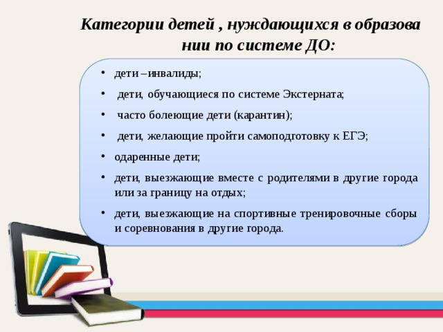 Категории детей , нуждающихся в образовании по системе ДО: дети –инвалиды;  дети, обучающиеся по системе Экстерната;  часто болеющие дети (карантин);  дети, желающие пройти самоподготовку к ЕГЭ; одаренные дети; дети, выезжающие вместе с родителями в другие города или за границу на отдых; дети, выезжающие на спортивные тренировочные сборы и соревнования в другие города. 