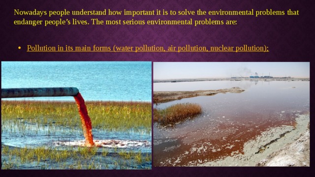 Nowadays people understand how important it is to solve the environmental problems that endanger people’s lives. The most serious environmental problems are: Pollution in its main forms (water pollution, air pollution, nuclear pollution); 