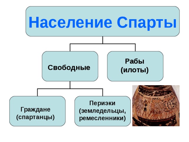 Население Спарты Рабы (илоты) Свободные Периэки (земледельцы, ремесленники) Граждане (спартанцы) 