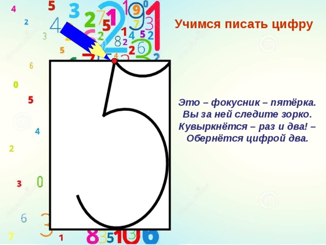 Учимся писать цифру Это – фокусник – пятёрка. Вы за ней следите зорко. Кувыркнётся – раз и два! – Обернётся цифрой два. 