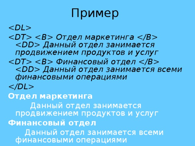 Пример     Отдел маркетинга    Данный отдел занимается продвижением продуктов и услуг   Финансовый отдел    Данный отдел занимается всеми финансовыми операциями  Отдел маркетинга  Данный отдел занимается продвижением продуктов и услуг Финансовый отдел  Данный отдел занимается всеми финансовыми операциями 