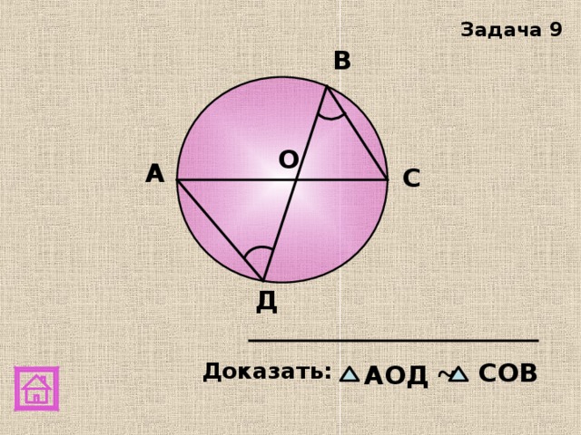 Задача 9 В О А C Д АОД ~ СОВ Доказать:  