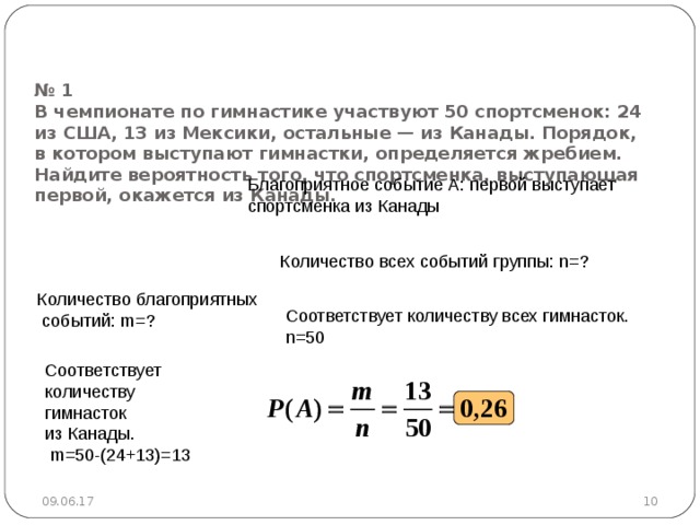  № 1  В чемпионате по гимнастике участвуют 50 спортсменок: 24 из США, 13 из Мексики, остальные — из Канады. Порядок, в котором выступают гимнастки, определяется жребием. Найдите вероятность того, что спортсменка, выступающая первой, окажется из Канады.   Благоприятное событие А : первой выступает спортсменка из Канады Количество всех событий группы :  n=? Количество благоприятных  событий :  m = ? Соответствует количеству всех гимнасток. n= 50  Соответствует количеству гимнасток из Канады.  m =50-(24+13)=13 09.06.17  