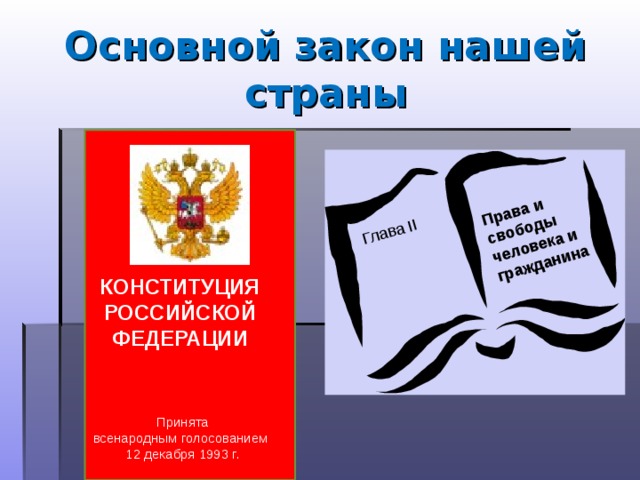 Глава II Права и свободы человека и гражданина Основной закон нашей страны КОНСТИТУЦИЯ РОССИЙСКОЙ ФЕДЕРАЦИИ Принята всенародным голосованием 12 декабря 1993 г.