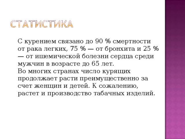 С курением связано до 90 % смертности от рака легких, 75 % — от бронхита и 25 % — от ишемической болезни сердца среди мужчин в возрасте до 65 лет. Во многих странах число курящих продолжает расти преимущественно за счет женщин и детей. К сожалению, растет и производство табачных изделий. 