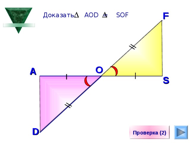 F Доказать: AOD = SOF O A S Саврасова С.М., Ястребинецкий Г.А. «Упражнения по планиметрии на готовых чертежах» По готовому чертежу сформулировать, что ДАНО. D Проверка (2) 