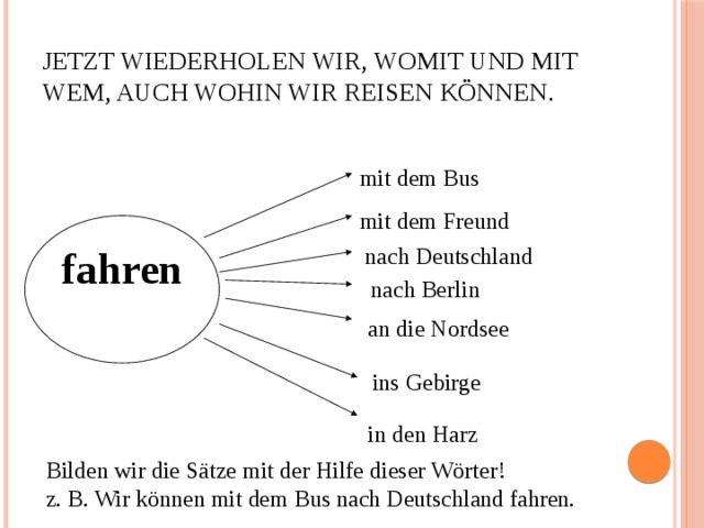 Jetzt wiederholen wir, womit und mit wem, auch wohin wir reisen können. mit dem Bus mit dem Freund fahren nach Deutschland nach Berlin an die Nordsee ins Gebirge in den Harz Bilden wir die Sätze mit der Hilfe dieser Wörter! z. B. Wir können mit dem Bus nach Deutschland fahren. 