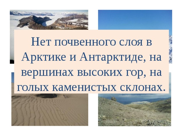 Нет почвенного слоя в Арктике и Антарктиде, на вершинах высоких гор, на голых каменистых склонах. 