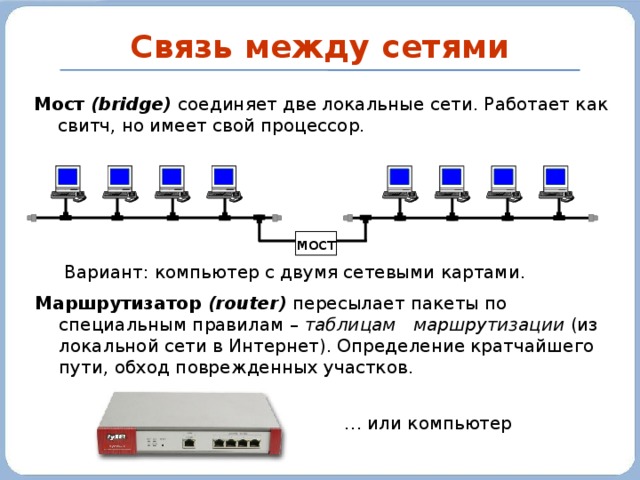 Связь между сетями Мост (bridge) соединяет две локальные сети. Работает как свитч, но имеет свой процессор. мост Вариант: компьютер с двумя сетевыми картами. Маршрутизатор (router) пересылает пакеты по специальным правилам – таблицам маршрутизации (из локальной сети в Интернет). Определение кратчайшего пути, обход поврежденных участков. … или компьютер 22 22 