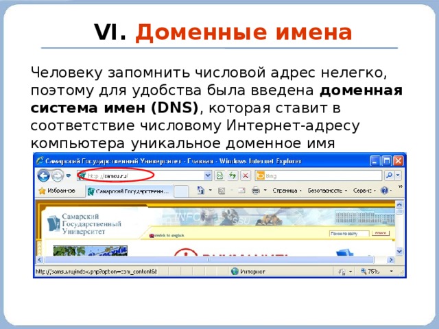  VI. Доменные имена Человеку запомнить числовой адрес нелегко, поэтому для удобства была введена доменная система имен (DNS) , которая ставит в соответствие числовому Интернет-адресу компьютера уникальное доменное имя 2010 г. 24 
