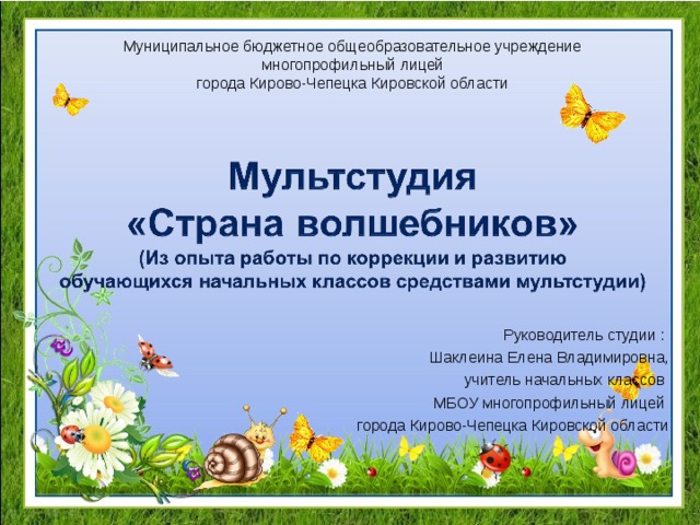 Муниципальное бюджетное общеобразовательное учреждение многопрофильный лицей города Кирово-Чепецка Кировской области Руководитель студии : Шаклеина Елена Владимировна, учитель начальных классов МБОУ многопрофильный лицей города Кирово-Чепецка Кировской области 