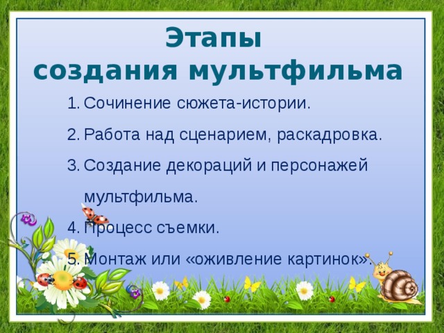 Этапы  создания мультфильма Сочинение сюжета-истории. Работа над сценарием, раскадровка. Создание декораций и персонажей мультфильма. Процесс съемки. Монтаж или «оживление картинок». 