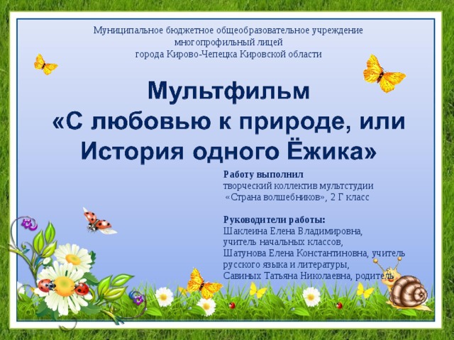 Муниципальное бюджетное общеобразовательное учреждение многопрофильный лицей города Кирово-Чепецка Кировской области Работу выполнил творческий коллектив мультстудии  «Страна волшебников», 2 Г класс Руководители работы: Шаклеина Елена Владимировна, учитель начальных классов, Шатунова Елена Константиновна, учитель русского языка и литературы, Савиных Татьяна Николаевна, родитель 