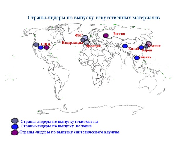 Страны-лидеры по выпуску искусственных материалов Россия ФРГ Нидерланды США Япония Франция Китай Корея Тайвань Страны-лидеры по выпуску пластмассы Страны-лидеры по выпуску волокна Страны-лидеры по выпуску синтетического каучука 