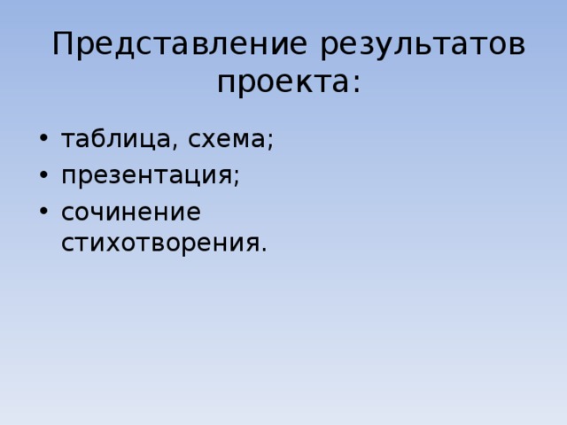 Представление результатов проекта: таблица, схема; презентация; сочинение стихотворения. 