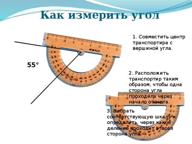 Как измерить угол 1. Совместить центр транспортира с вершиной угла. 55° 2. Расположить транспортир таким образом, чтобы одна сторона угла проходила через начало отсчета. Формирование совместно с учащимися на основе предыдущих измерений правила измерения углов с помощью транспортира 3. Выбрать соответствующую шкалу и определить, через какое деление проходит вторая сторона угла. 