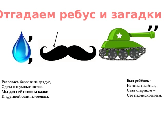 Отгадаем ребус и загадки ,, ,, Был ребёнок - Не знал пелёнок, Стал стариком – Сто пелёнок на нём. Расселась барыня на грядке, Одета в шумные шелка. Мы для неё готовим кадки И крупной соли полмешка. 