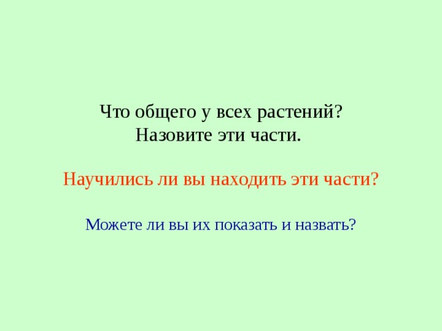 Что общего у всех растений?  Назовите эти части.   Научились ли вы находить эти части?   Можете ли вы их показать и назвать? 