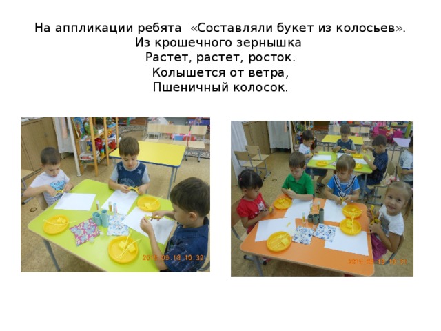 На аппликации ребята «Составляли букет из колосьев».  Из крошечного зернышка  Растет, растет, росток.  Колышется от ветра,  Пшеничный колосок. 