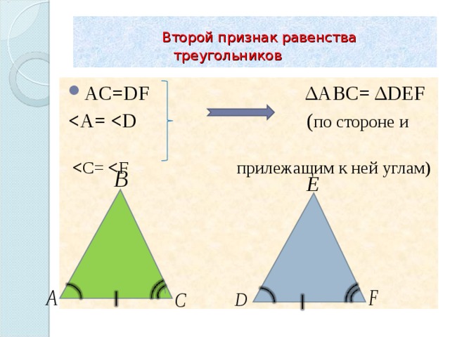  Второй признак равенства  треугольников AC=DF Δ ABC= Δ DEF  A=  D ( по стороне и   C=  F прилежащим к ней углам) 