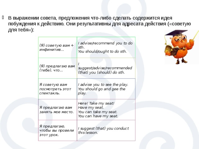 В выражении совета, предложения что-либо сделать содержится идея побуждения к действию. Они результативны для адресата действия («советую для тебя«):    (Я) советую вам + инфинитив… I advise/recommend you to do sth.  You should/ought to do sth. (Я) предлагаю вам (тебе), что… I suggest/advise/recommended (that) you (should) do sth. Я советую вам посмотреть этот спектакль. I advise you to see the play.  You should go and gee the play. Я предлагаю вам занять мое место. Here! Take my seat!  Have my seat.  You can take my seat.  You can have my seat. Я предлагаю, чтобы вы провели этот урок. I suggest (that) you conduct this lesson. 