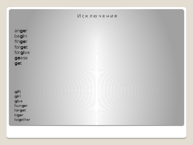 И с к л ю ч е н и я an ge r  be gi n fin ge r for ge t for gi ve ge ese ge t      gi ft gi rl  gi ve hun ge r  tar ge t  ti ge r to g ether 