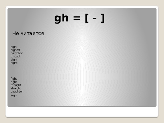 gh = [ - ]    Не читается high   highest  neighbor  through  eight  night      fight  right  thought  straight  daughter  sigh      
