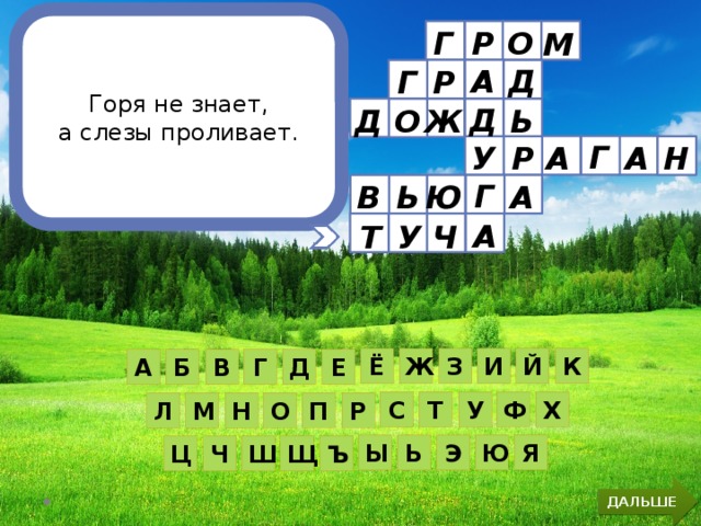  Горя не знает, а слезы проливает. Г О Р    М Г А Д Г Р Д Ь Д О Ж Г А Н А Р У Г А В Ь Ю А Ч У Т И Й К Ж З Ё Е Д Г В Б А Х Ф С Т У П О Р Н М Л Ю Я Ь Ы Э Ш Щ Ъ Ч Ц ДАЛЬШЕ 