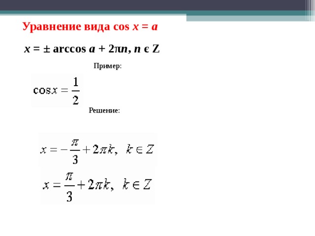 Уравнение вида cos  x  =  a   x  = ± arccos  a  + 2 π n ,  n   є  Z  Пример: Решение: 