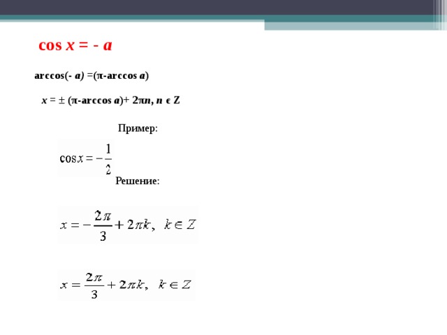  cos  x  = -   a arc с os(-  a)  =( π -arccos  a ) x  = ± ( π -arccos  a )+ 2 π n ,  n   є  Z  Пример: Решение: 