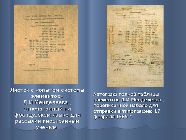 Листок с «опытом системы элементов» Д.И.Менделеева , отпечатанный на французском языке для рассылки иностранным ученым. Автограф полной таблицы элементов Д.И.Менделеева , переписанной набело для отправки в типографию 17 февраля 1869 г.   